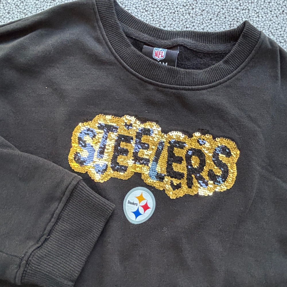 Girls Steelers Sweatshirt NFL Team 14/16 Black Sparkle Flip Sequin Sporty